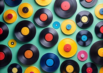 Colorful Vinyl Record Collection: Minimalist Flat Lay Photography