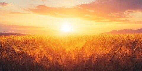 Golden sunset over a vast wheat field with warm hues of orange and yellow, illuminating the horizon and highlighting the natural landscape.