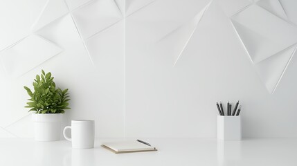 Minimalist workspace with potted plant, notebook, and pens on a white desk promotes clean and productive environment.