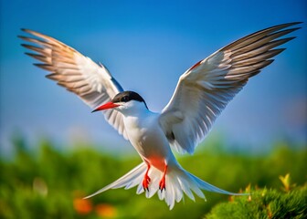 Fototapeta premium Common Tern in Flight, Blue Sky, High-Resolution Stock Photo