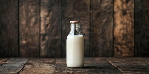 Milk in a glass bottle with a cork lid set against a dark wooden backdrop featuring rich browns and deep shadows highlighting the rustic texture