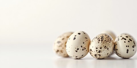 Obraz premium Quail eggs with speckled shells arranged on a white background with a soft blurred effect showcasing a serene and minimalist composition