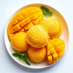 Close-up shot of a mango ice cream scoop, showcasing its creamy texture and sweet allure. Captured from multiple angles, it's perfect for highlighting desserts and decorative presentations.