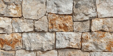 Rustic stone wall texture with varying shades of beige and orange tones arranged in a natural stone pattern ideal for wallpaper backgrounds