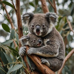Naklejka premium A baby koala snuggling with its mother on a eucalyptus tree.