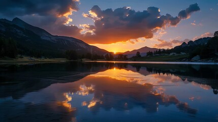 Fototapeta premium A serene mountain lake reflecting a colorful sunset sky.