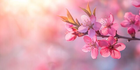 Vibrant peach blossoms in soft pink hues against a dreamy blurred background capturing the essence of springtime tranquility and beauty