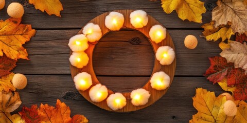Warm autumn alphabet letter surrounded by glowing LED cotton balls on a rustic wooden table with vibrant orange and yellow leaves.
