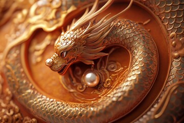 Ornate golden dragon, scaled body, pearl detail.