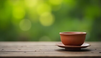 Rustic table with small clay cup. Quiet tea garden bokeh in the background