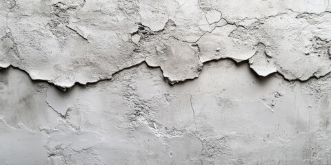 Weathered plaster concrete wall texture in shades of gray with peeling layers shown in horizontal alignment and uneven surface details.