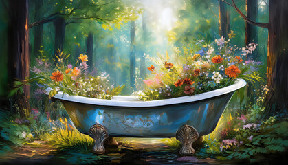 Vintage bath tub with flowers ind a sunlit forest. Impressionist painting
