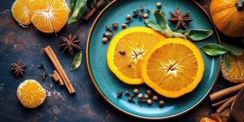 Fototapeta premium Freshly sliced pumpkin and vibrant orange halves arranged on a teal plate with aromatic spices and herbs over a dark textured background