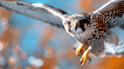 Obraz premium Peregrine falcon in flight, autumn forest background, wildlife photography, nature documentary