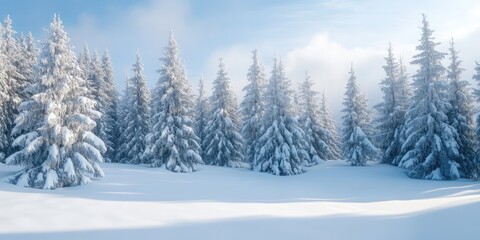 Fototapeta premium Winter wonderland featuring snow-covered spruce trees in a bright blue sky landscape, with fluffy white snow blanketing the serene forest ground.
