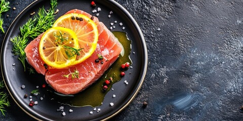 Aerial view of fresh tuna slices topped with lemon and herbs on a black plate surrounded by salt and pepper on a dark textured background