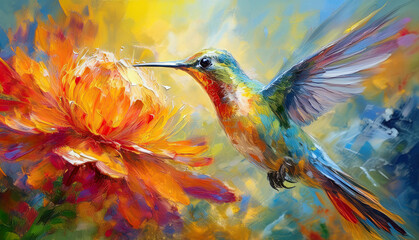 Impressionist acryl painting: humming bird over a flower. Vivid colors, abstract background