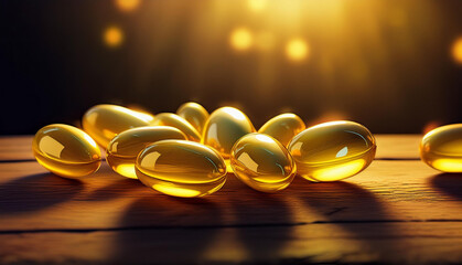 Yellow pills on a wooden table, warm sunlit background