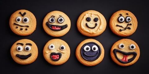 Obraz premium Playful cookies with expressive faces arranged in two rows on a black backdrop showcasing vibrant colors and various facial expressions.