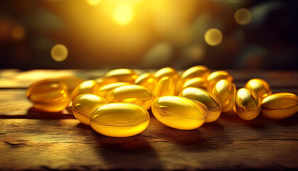 Yellow pills on a wooden table, warm sunlit background