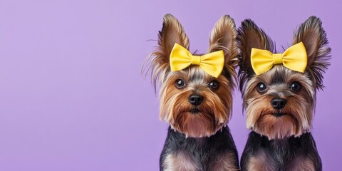 Naklejka premium Playful Yorkshire Terriers with yellow bows on their heads against a vibrant purple background perfect for text placement and attention-grabbing design