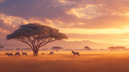 A golden savanna landscape features several zebras grazing beneath the iconic acacia trees at sunset. The scene is part of a larger selection of generative AI images