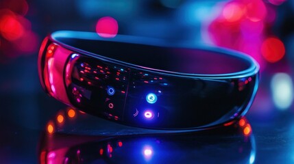 Futuristic Smart Ring: Neon Lights Reflecting on Sleek Design