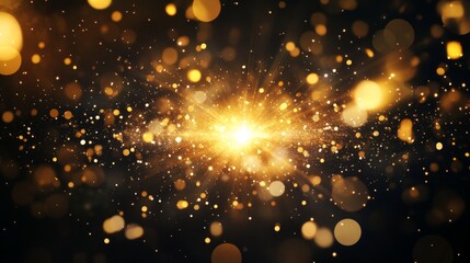 Golden light burst, abstract bright glitter background, glowing bokeh dots, festive sparkle effect