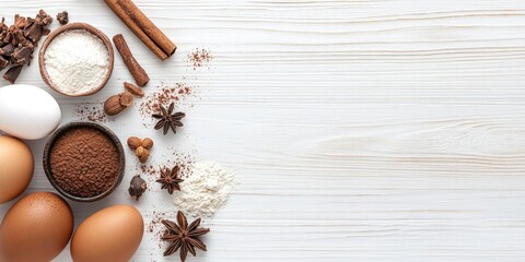 Top view of assorted baking ingredients including eggs brown sugar cocoa nutmeg cinnamon and allspice neatly arranged on a white wooden table