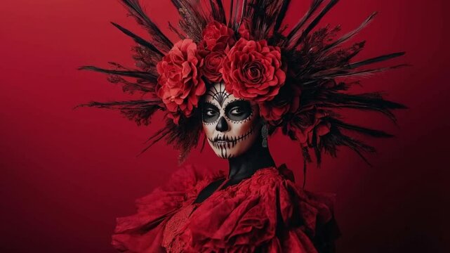 A striking fashion portrait of Katrina de los Muertos, looking directly into the camera with intense focus, featuring a stylish appearance, isolated against a dramatic dark red background

