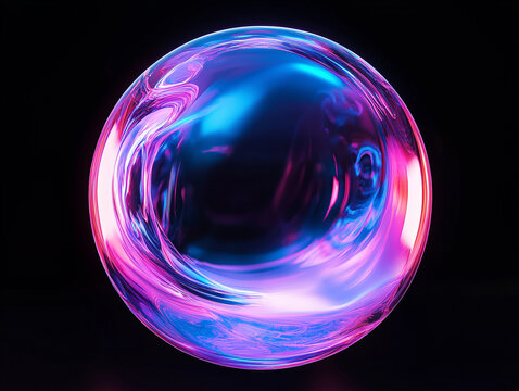 Abstract radiant neon light energy sphere, orb, ball, glowing bright atom, pink and blue swirls on black background, circle
