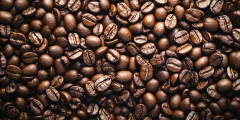 Fototapeta premium Rich brown roasted coffee beans scattered densely on a dark surface, showcasing varied textures and contours, ideal for a warm background option.
