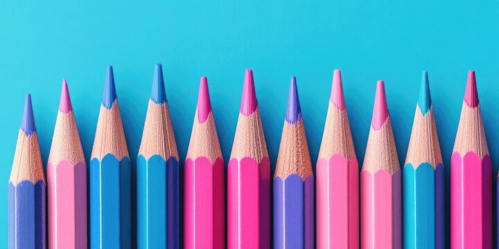 Colorful arrangement of pink and blue pencils in a straight line on a vibrant blue backdrop showcasing their sharpened tips and vivid hues - Powered by Adobe
