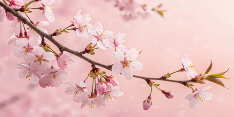 Charming Cherry Blossom Branch on Soft Pink Background: A Floral Touch