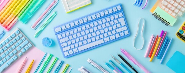 A neatly organized desk setup featuring school and office essentials such as notebooks, pens, and a keyboard, perfectly arranged on a light blue