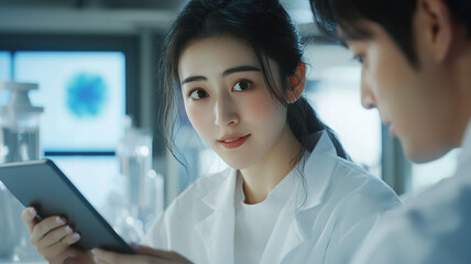 A diverse research team in white lab coats collaborates in a modern lab, discussing findings with test samples and a tablet, under bright, focused lighting.