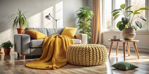 Cozy Knit Blanket & Pouf in Stylish Modern Living Room Interior - Stock Photo
