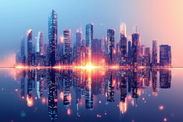 Fototapeta premium Futuristic Cityscape Reflected In Calm Water At Dawn