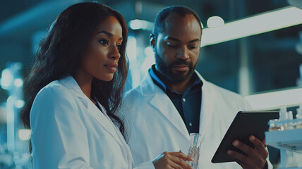 A diverse research team in white lab coats collaborates in a modern lab, discussing findings with test samples and a tablet, under bright, focused lighting.