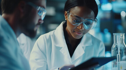 A diverse research team in white lab coats collaborates in a modern lab, discussing findings with test samples and a tablet, under bright, focused lighting.