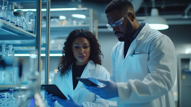 A diverse research team in white lab coats collaborates in a modern lab, discussing findings with test samples and a tablet, under bright, focused lighting.