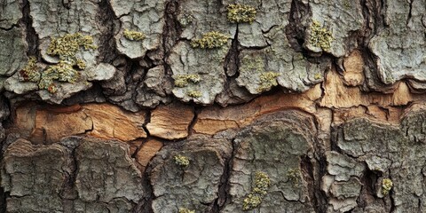 Detailed close-up of oak tree bark featuring textured grey-brown cracks and patches of green moss on a rough surface with warm wood highlights.