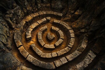 Stone blocks form a spiral, recessed in dark rock.