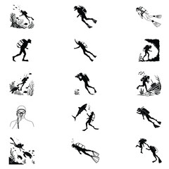Scuba Diving Silhouette illustration vector, Underwater diving Clipart Design Bundle