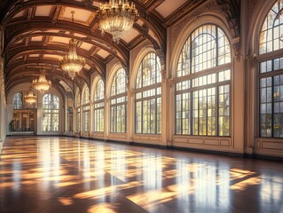 Elegant reception hall with tall windows, polished flooring, and ornate chandeliers. A timeless space for weddings and galas.