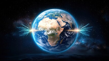 Obraz premium peak energy demand concept. A stunning view of Earth in space, highlighted by beams of light and cosmic elements surrounding it.
