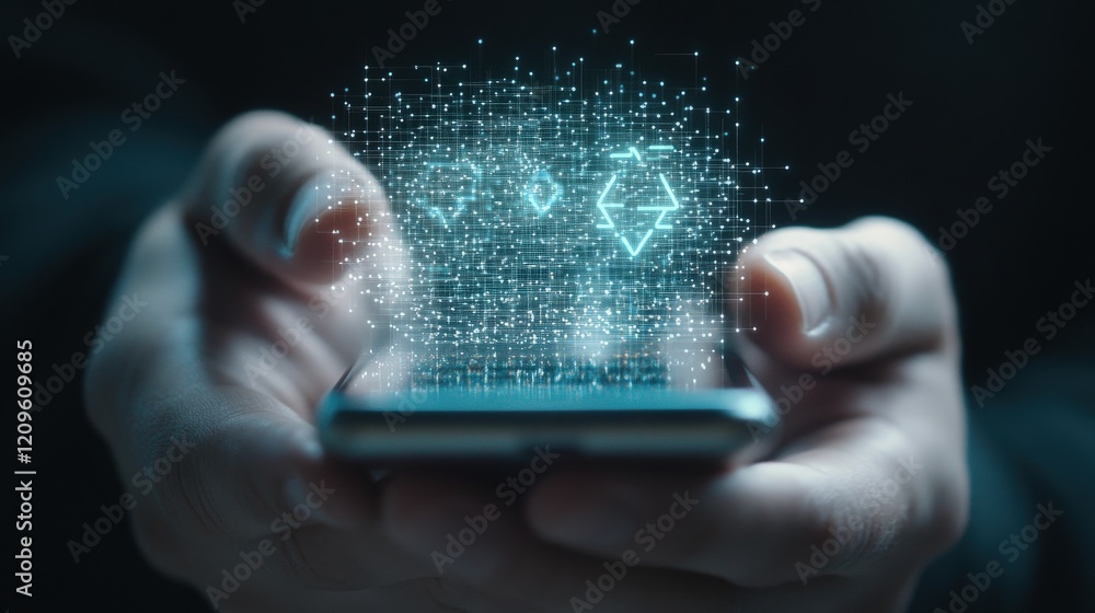 Poster man holding smartphone with digital lightning symbols representing technology, innovation, and futur