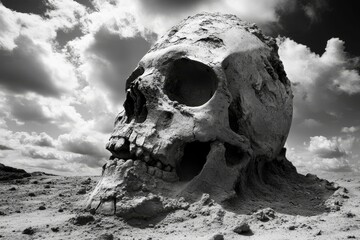 Monochrome skull shaped rock formation in barren landscape.