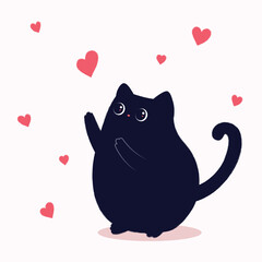Cute black cat in cartoon style catches valentines