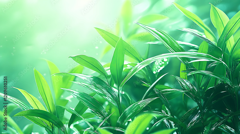 Poster lush green leaves bathed in soft light, creating a serene and refreshing atmosphere, ideal for natur